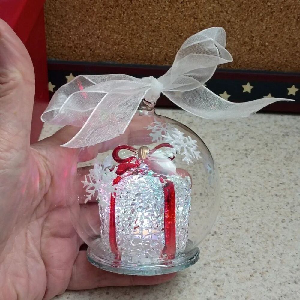 Vintage Light Up Changing Colors Glass Christmas Ornament Battery Op Gift Box
